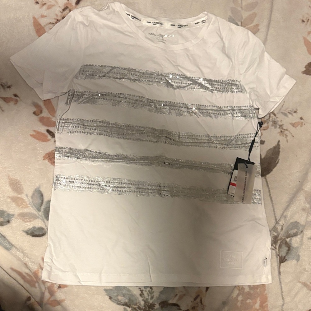 Karl Lagerfeld White and Silver Striped Tank Top